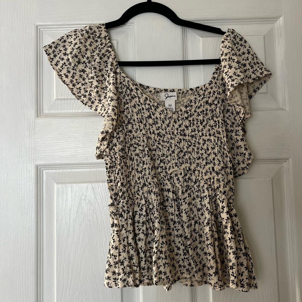 Black and White Floral Ruched Blouse